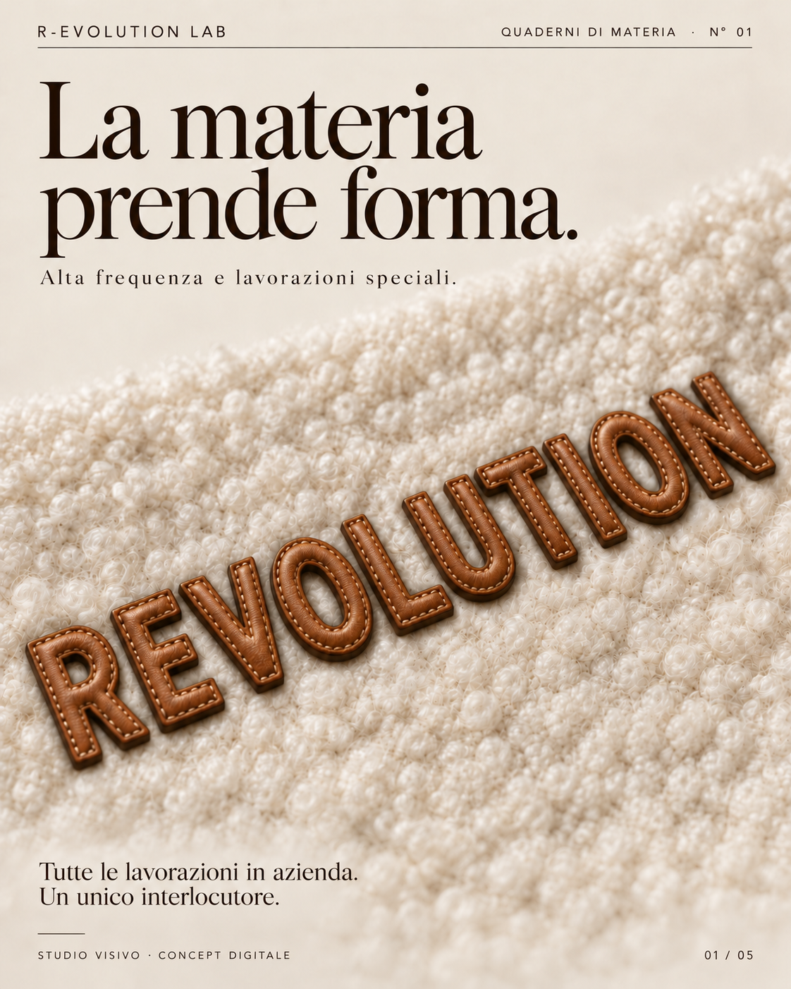 Scritta REVOLUTION con lettere in pelle color cuoio su tessuto chiaro, concept realizzato per Instagram